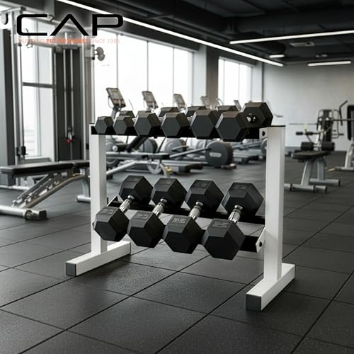 CAP 150 LB Dumbbell Set with 2-Tier Rack, Rubber Hex Free Weights Set, Home Gym Weight Set with Horizontal Storage Rack for Strength Training - color: White, style: 150bs Set - Chrome Handles