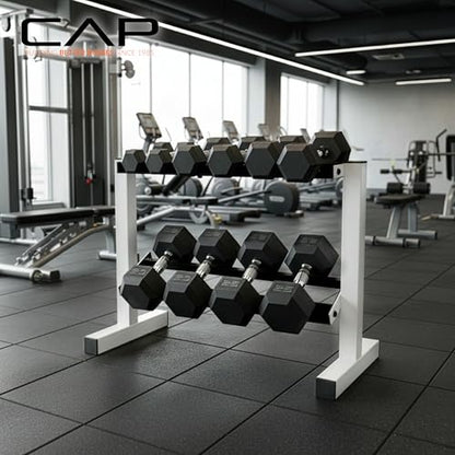 CAP 150 LB Dumbbell Set with 2-Tier Rack, Rubber Hex Free Weights Set, Home Gym Weight Set with Horizontal Storage Rack for Strength Training - color: White, style: 150bs Set - Black Handles
