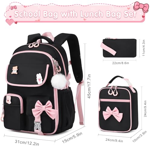 ACESAK Girls Backpack - 3PCS Backpack for Girls Cute School Backpacks for Girl Kindergarten Elementary Preschool Middle Kids School Bags with Lunch Box Pencil Case Set (Black Pink) - color: Black Pink