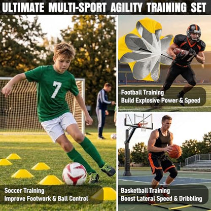 MUROZA Agility Ladder, Agility Speed Training Equipment Set, 20ft Speed Ladder, 12 Soccer Cones, 4 Hurdles, Jump Rope, Running Parachute, Soccer Football Basketball Training Equipment Accessories - color: Yellow