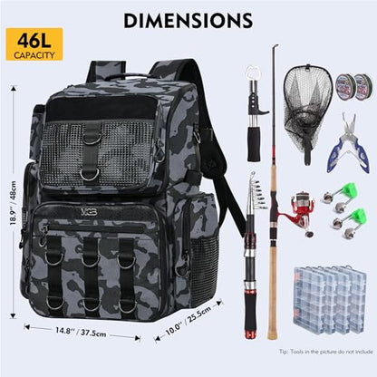 MGB 46L Fishing Tackle Backpack with 2 Rod Holders & YKK Zipper Storage Fishing Gear and Equipment, Gifts for Men Father - color: Blue+Black Camo（without Tackle Box）