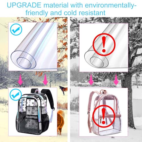 gxtvo 3PCS Girls See Through Bookbag Heavy-Duty Set for Women & Teen, 17" Black Clear School Backpack with Rainbow Strap, Cute Star Transparent Bag - color: Black Star Rainbow Clear Backpack Set