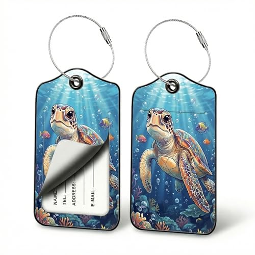 Sea Turtle Luggage Tags for Suitcases, 2 Pack PU Leather Ocean Bag Tags | Privacy flap hides address card, steel wire loop fits snorkel pouches, beach totes, cruise bags, reef trips and coastal days - color: Sea Turtle Design