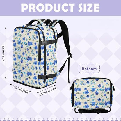 Travel Backpack with Shoe Compartment, 20L Large Capacity Laptop Backpack for Men Women, Blue Flowers Daypack for Traveling Hiking Carry On