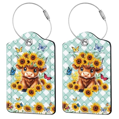 2 Pcs Highland Cow Luggage Tags for Suitcase, Leather Luggage Tags Cute, Privacy Cover ID Label with Stainless Steel Loop & Address Card, Cow Print Travel Bag Tag Luggage Accessories for Suitcases - color: Highland Cow-blue