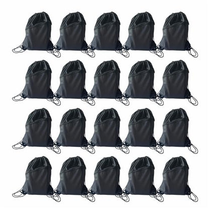 20PCS Drawstring Bag Sports Gym String Backpack Bulk Cinch Bag Sackpack with 2 layer Zip pocket for Yoga Gym Traveling (20, black) - color: Black