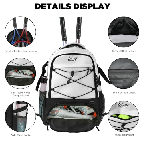 WOLT Tennis Bag - Large Tennis Racket Backpack for Men & Women - Ventilated Shoe Compartment - Holds 2 Rackets - color: Beige