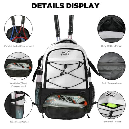 WOLT Tennis Bag - Large Tennis Racket Backpack for Men & Women - Ventilated Shoe Compartment - Holds 2 Rackets - color: Beige