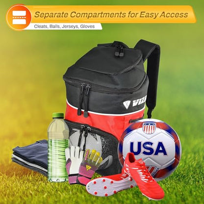 Vizari Soccer Backpack Soccer Bag | Water resistant Durable Equipment Bag for Football, Basketball, Volleyball | Cleats and Ball Compartment - Red,Blue,Black - color: RED