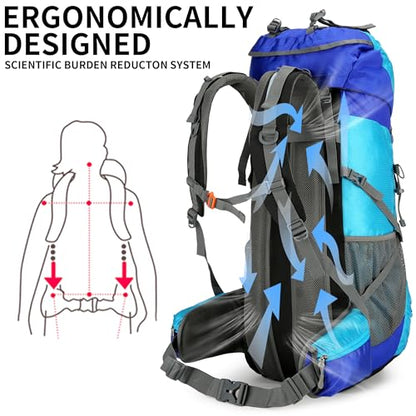 Hiking Backpack for Men and Women 70L+5L Waterproof Lightweight Camping Daypack with Rain Cover for Outdoor Travel Mountaineering - Frameless (Blue) - color: Blue