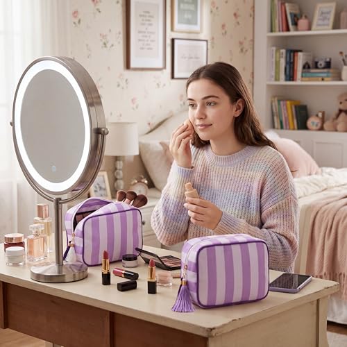 Kacctyen 6 Pack Lavender Purple and White Striped Makeup Bag bulk with Tassel Travel Cosmetic Pouch Organizer Large Zipper Toiletry Case for Women Aesthetic Storage Pouch Mahjong Tile Bag - color: Lavender Purple and White