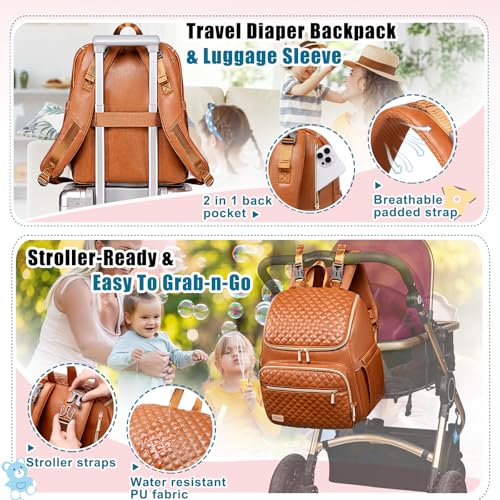 Weitars Diaper Bag Backpack Leather Baby Diaper Bag with Changing Pad Travel Diaper Backpack,Baby Bag for Mom,Stroller Straps,5 Insulated Pockets (Brown Leather) - color: Brown Leather