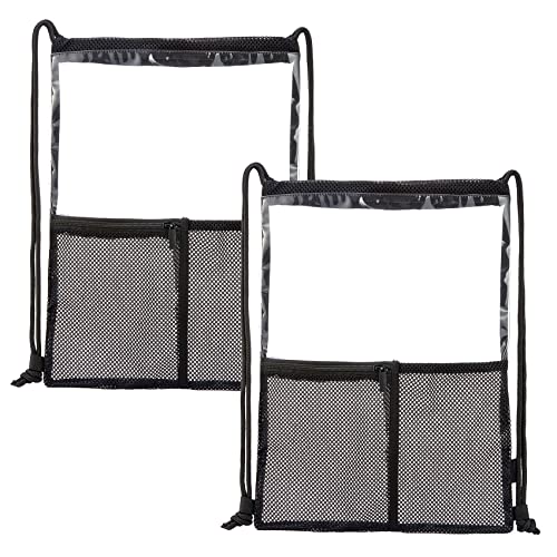 BORMELUN Clear Drawstring Backpack - 2packs String Cinch Bag Mesh Pocket, Bluk for Gym,Stadium Approved Concerts, Clear Bag See through Transparent