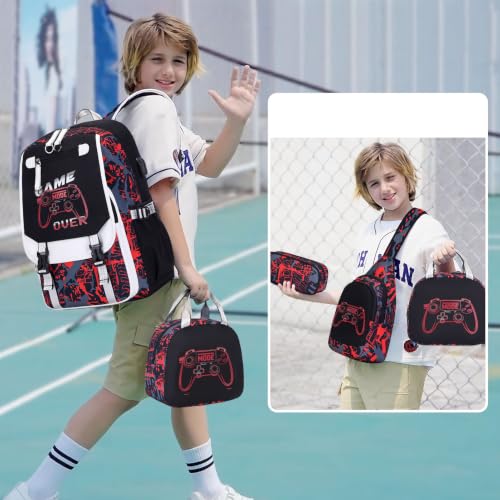 Bevalsa Backpack for Boys, Cool Luminous Boys Backpack with Sling Bag, Lunch Box & Pen Case, School Bags for Kids Children Teens Elementary Middle Schools, Bookbag Glow In The Dark (Red Game) - color: Red Game