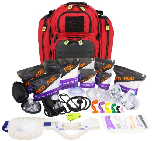 Lightning X TacMed Fully Stocked Modular ALS Trauma Backpack for EMS/EMT w/Deluxe First Aid Fill Kit C - RED