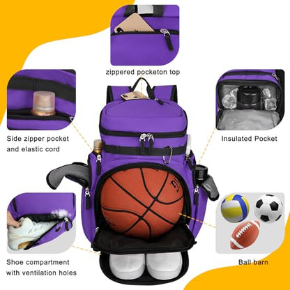 Goloni Basketball Backpack,Large Sports Bag with Ball Compartment & Shoe Compartment, Best for Basketball, Soccer - color: Purple