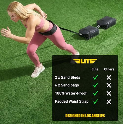 Elite Twin Sand Bag Sled Workout Sled – Waterproof UNFILLED Weight Sled Trainer with 6-Level 10–60 lb Resistance Pull System, Adjustable Waist Strap for Speed, Strength, Endurance & Agility Training