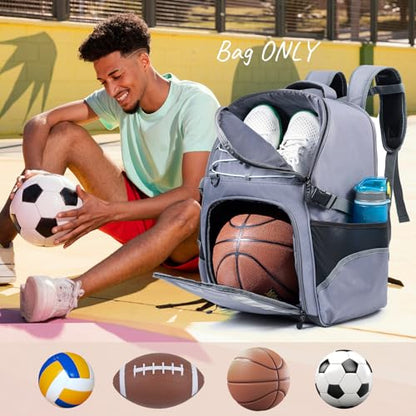 Basketball Bag Backpack with Ball Compartment & Shoe Pocket – Gym Bag for Basketball, Soccer, Football, Volleyball – Large Capacity Athletic Backpack for Youth & Adults, Basketball Gifts - color: Grey