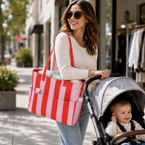 LEDAOU Beach Bag Waterproof Sandproof Women Beach Tote Pool Bag with Zipper for Swim Gym Grocery Travel with Wet Pocket | Sandproof - color: Pink & Orange Stripe