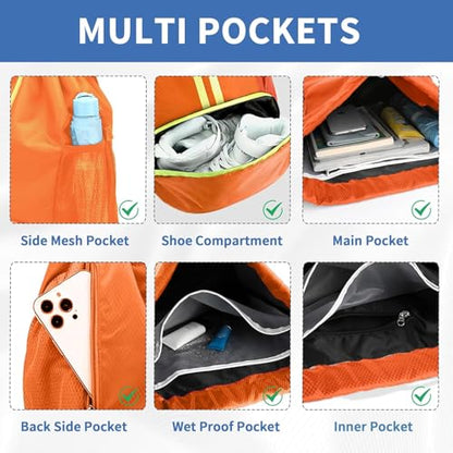 Drawstring Backpack Gym Bag with Shoe Compartment - Ideal for Basketball, Swimming, Beach Activities, Unisex - color: Orange
