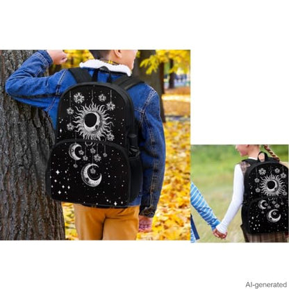 Goth Sun Moon Stars Backpack for Girls Kids Backpack with Lunch Box Water Bottle Bag and Soft Pencil Case 4Pcs Set 17" Bookbag with Large Front Pocket for School Sturdy Elementary School Bag - color: Gothic Sun Moon and Stars