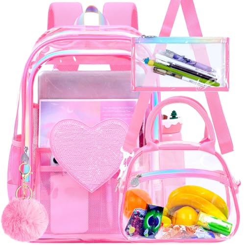 gxtvo 3PCS Clear Backpack Heavy-Duty Set for Women & Teen Girls, 17" Transparent Bookbag with Rainbow Strap, Rose Pink Sequins See Through School Bag - color: Rose Pink Sequins Clear Backpack Set