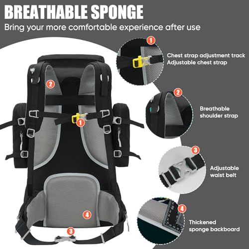 Bseash 70L (65+5) Waterproof Hiking Camping Backpack with Rain Cover, Outdoor Sport Travel Daypack for Climbing Touring (Black) - color: Black
