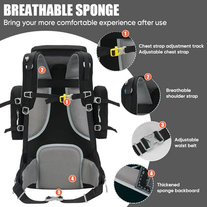 Bseash 70L (65+5) Waterproof Hiking Camping Backpack with Rain Cover, Outdoor Sport Travel Daypack for Climbing Touring (Black) - color: Black