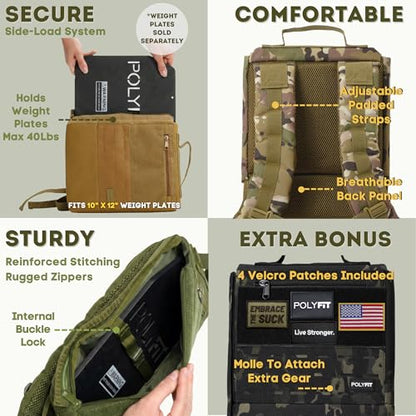 Polyfit Rucking Backpack 2.0 - Weighted Ruck Pack for Weight Plates - Patent Pending Side-Loading Rucksack for Walking, Running, Rucking, Strength and Endurance Training - Camo - color: Camo