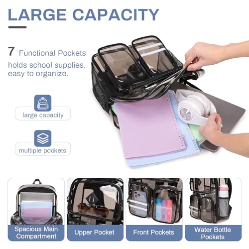 Clear Backpacks for School Heavy Duty Clear Bookbag Stadium Events Transparent Back Pack Girls Boys, Black Semitransparent - color: Black Semitransparent