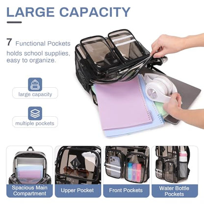 Clear Backpacks for School Heavy Duty Clear Bookbag Stadium Events Transparent Back Pack Girls Boys, Black Semitransparent - color: Black Semitransparent