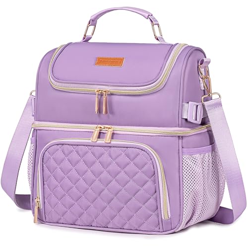 Lunch Bags for Women, Dual Compartment Lunch Box Lunch Bag for Work, Leakproof Lunch Cooler Large Insulated Lunchbox for Adult for Women Men, Lunchbag for Picnic Beach (Purple) - color: Purple