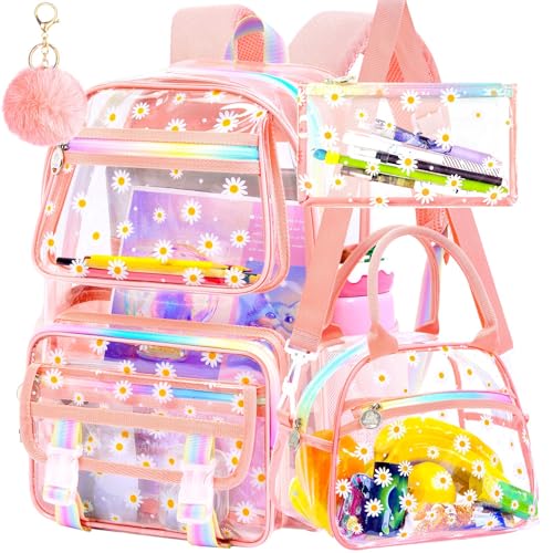 KLFVB Clear Backpack Heavy Duty, 3PCS Girls See Through School Bag Set, Cute Transparent Bookbag for Women - Chrysanthemum Pink - color: Chrysanthemum Pink Clear Backpack