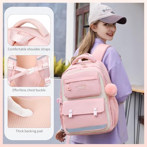CYOQX School Backpack for Girls Cute Backpack Elementary Middle School High School Teenage Girls Schoolbag (Pink) - color: Pink