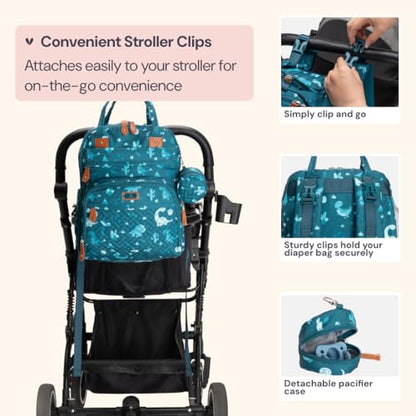 BabbleRoo Diaper Bag Backpack - Baby Essentials Travel Tote - Multi Function Water Resistant Diaper Bag, Travel Essentials Baby Bag with Changing Pad, Stroller Straps & Pacifier Case - Unisex, Dino - color: Dino, size: Large