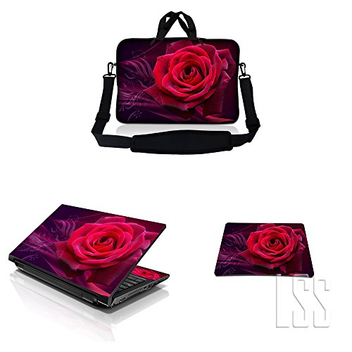 LSS 15-15.6" Laptop Sleeve Bag with Matching Laptop Skin Sticker & Mouse Pad Combo | Carrying Case for 14" 15" 15.6" - Pink Rose Floral Flower - color: Pink Rose Floral Flower, size: 15 inch
