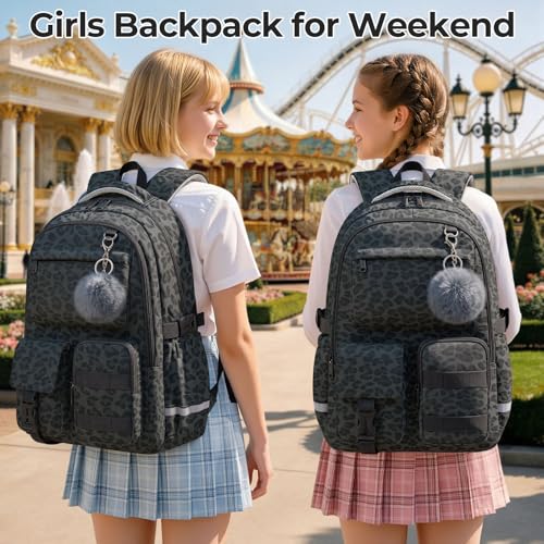 WOBAGMEN Cute Leopard Backpack for Teen Girls, Large Capacity Multi-Pocket School Bag Fits 15.6" Laptop, Lightweight Durable Daypack for School and Travel (Black Leopard, M) - color: Black Leopard