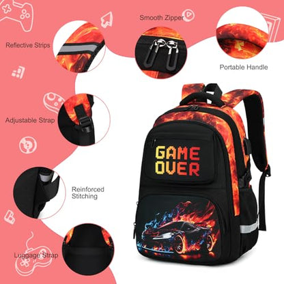 3PCS School Backpack for Boys, Cool Gamer Boys Backpack with Lunch Box and Pencil Case for Kids Kindergarten Teens Elementary Middle School Bag with Convenient Charging Port,Gaming Bookbag Waterproof - color: Red Flame Race Car