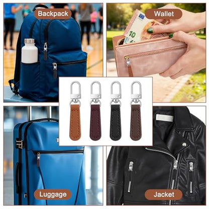 12 Pcs Replacement Zipper Pull, Leather Zipper Pulls Replacement for Luggage, Backpacks, Suitcases, Jackets, Wallets, Handbags (Dark Brown, Black, Coffee, Jujube Red) - color: Dark Brown, Black, Coffee, Jujube Red