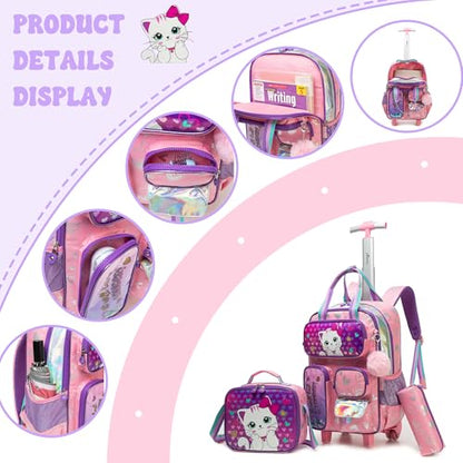 Rolling Backpacks with Wheels for Girls Cute Pink Cat School Roller Backpack,Kids Carry on Travel Luggage with Lunch Bag and Pencil Case for Girls Ages 5-12 - color: A Pink Cat