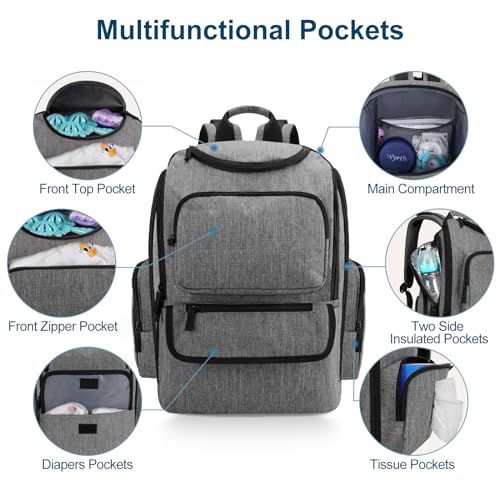 Mancro Diaper Bag Backpack, Baby Diaper Bag with 2 Side Insulated Pockets, Travel Diaper Backpack for Men Women with Stroller Straps, Large Capacity and Waterproof, Grey - color: Grey, size: Large
