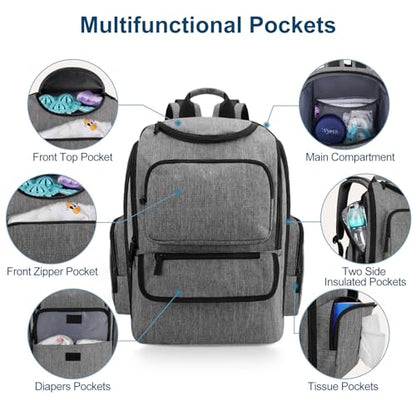 Mancro Diaper Bag Backpack, Baby Diaper Bag with 2 Side Insulated Pockets, Travel Diaper Backpack for Men Women with Stroller Straps, Large Capacity and Waterproof, Grey - color: Grey, size: Large
