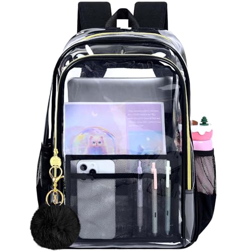 gxtvo Clear Backpack, Heavy Duty Transparent Bookbag, See Through Backpacks for Women Men | Heavy Duty - color: Chic Black Clear Backpack