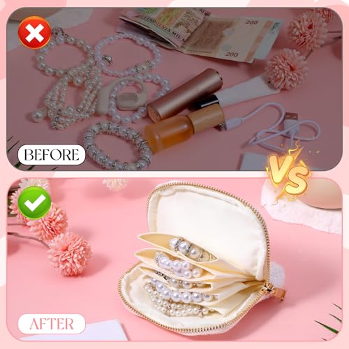 Travel Jewelry Case Organizer, Multi Compartment Design Jewelry Pouch with Zipper, Portable Soft Velvet Bag with Pouches for Storage Bracelet Rings Earring Beaded necklace, Wedding Gifts White