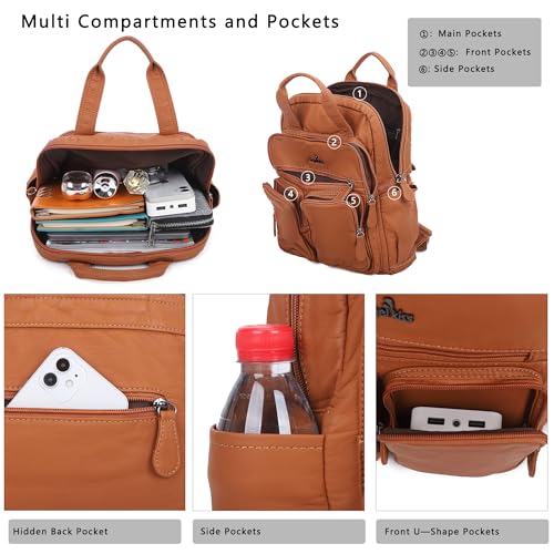 Angel Kiss Backpack Purse for Women Soft Washed Leather Multi Pocket Casual Travel Backpacks… - color: 173brown