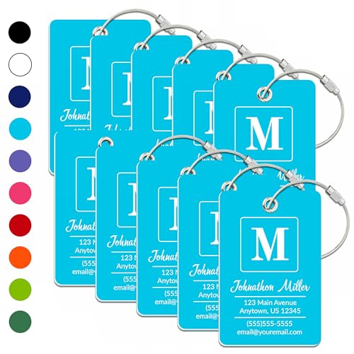 Personalized Luggage Tag | 10 Pack | Custom Luggage Tags for Suitcases | Kids Backpack Tag | 10 Color Options & Choose Font, Font Color - color: Light Blue, size: 10 pack - Large
