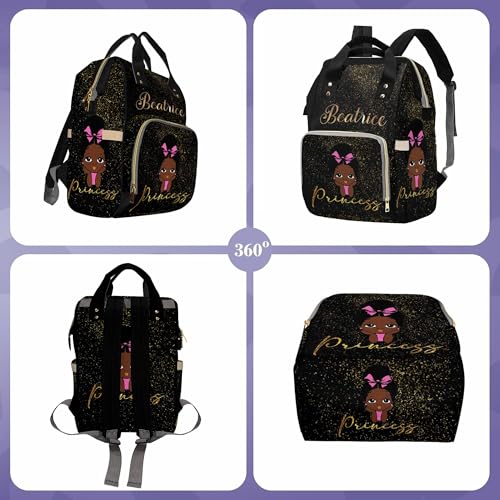 Custom Black Diaper Bag Backpack with Golden Glitter Personalized African Princess Nappy Bag Casual Travel Daypack Customized Newborn Gift for Women - color: 230112-7