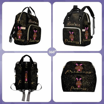 Custom Black Diaper Bag Backpack with Golden Glitter Personalized African Princess Nappy Bag Casual Travel Daypack Customized Newborn Gift for Women - color: 230112-7