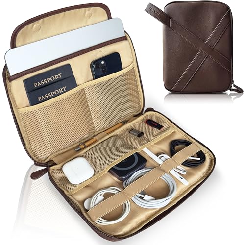 rofozzi Vegan Leather Travel Tech Pouch, Electronics & Cable Case Organizer with Padded 11-Inch Tablet Sleeve and Passport Pockets - color: Espresso