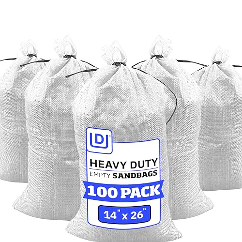 DURASACK Heavy Duty Sand Bags with Tie Strings Empty Woven Polypropylene Sand-Bags for Flood Control with 1600 Hours of UV Protection, 50 lbs Capacity, 14x26 inches, White, Pack of 100 - color: White, size: 100 Sandbags